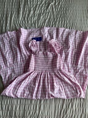 NWT Pink Gingham Smocked Ruffle Sleeve Midi Dress (L)